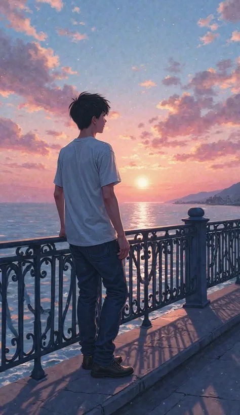 Highschool boy standing on seaside at twighlight holding on the sea boulevard fence facing back