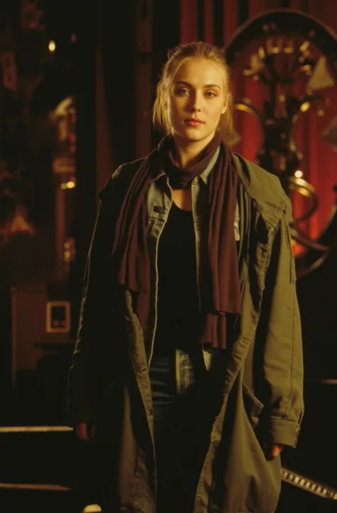 HYPER REALISTIC PHOTO, high quality, Mirror Finish, 8k, wallpaper, ray tracing, (((Emanuella seigner))), the ninth gate movie style, wearing an army green hooded jacket, wearing black tanktop, wearing a purple scarf, wearing tight blue jeans with small cuf...