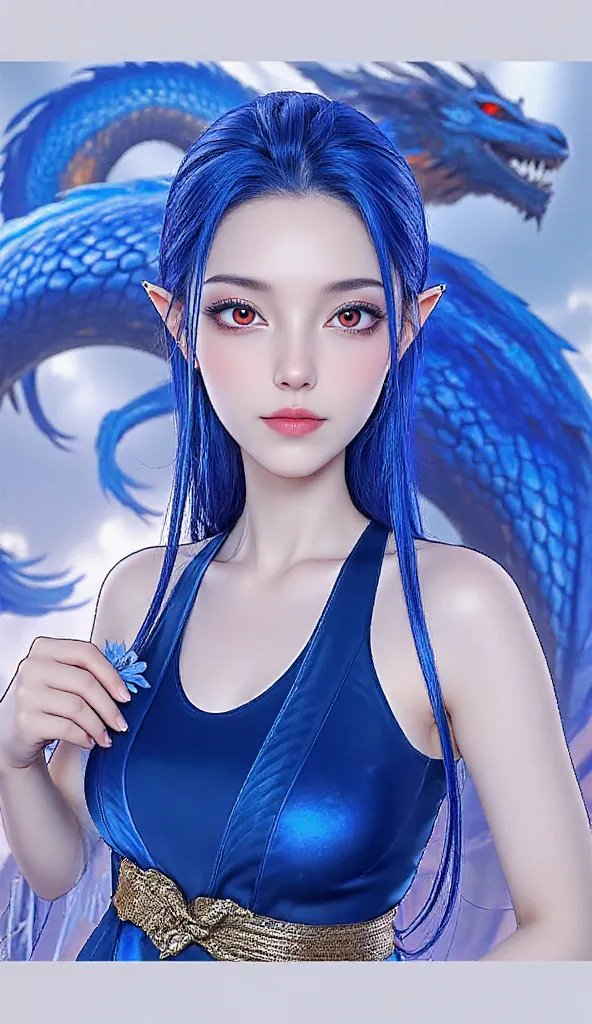 The image features a fantasy-themed illustration of a female character with long, flowing blue hair and pointed ears, resembling an elf or mythical creature. She is adorned in a form-fitting blue dress with intricate patterns and textures that give the app...