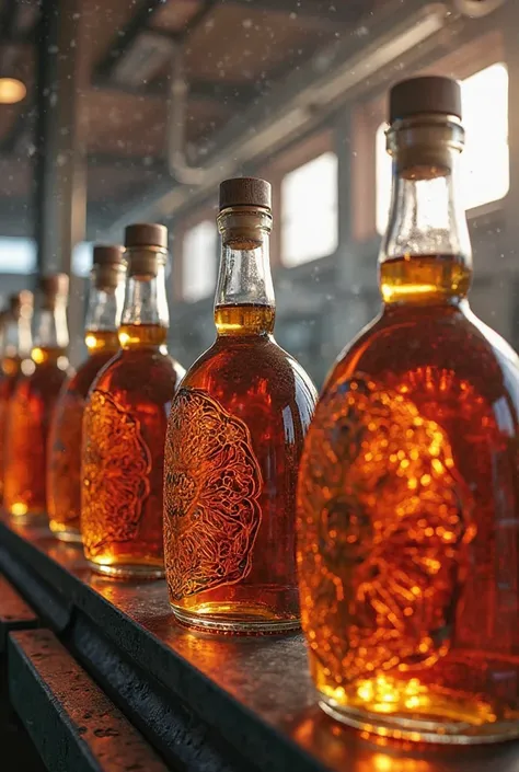 Fancy bottles of maple syrrup in a factory