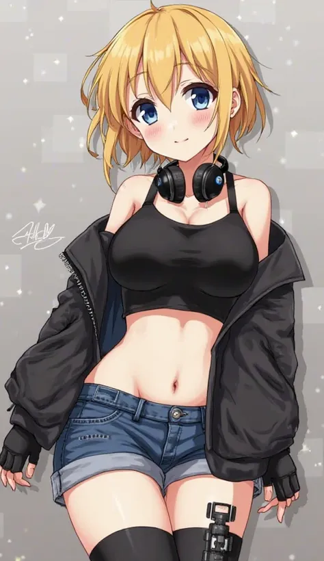 anime　 Gold　short hair　 blue eyes　Today　black tank top　Navel-baring look　blue denim shorts that hang around the neck　Neck-hanging headphones　black thigh ornament　black knee-highs　black boots　black fingered leather gloves　big breasts　black half leather jack...