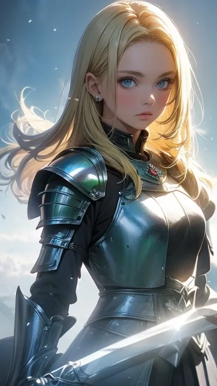 (girl knight),((((Blonde long hair))),Bangs with center parting,(Blue and green eyes),Big,Soft),detailed portrait,high quality,photorealistic,cinematic lighting,dramatic atmosphere,medieval fantasy landscape,castle ruins background,sunlight rays,volumetric...