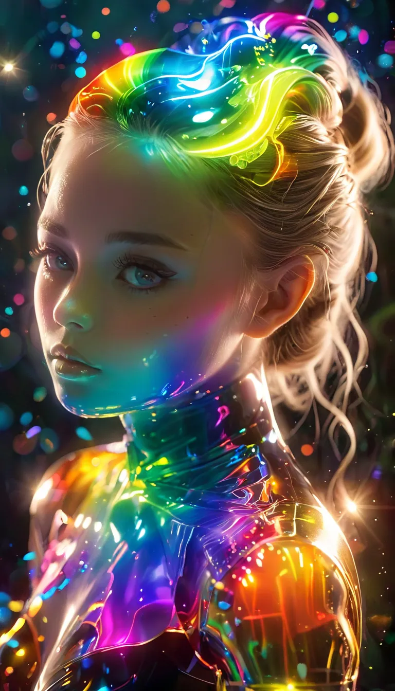 Highlights the overall rainbow colors   ,Iridescent、Distant view of the lake,Super cute slime, reverse exchange,  colorful bubbles  ,,Ultra High Precision,Best Quality,soft writing, FANTASY STYLE, Vivid colors are projected on 、It highlights the colors of ...