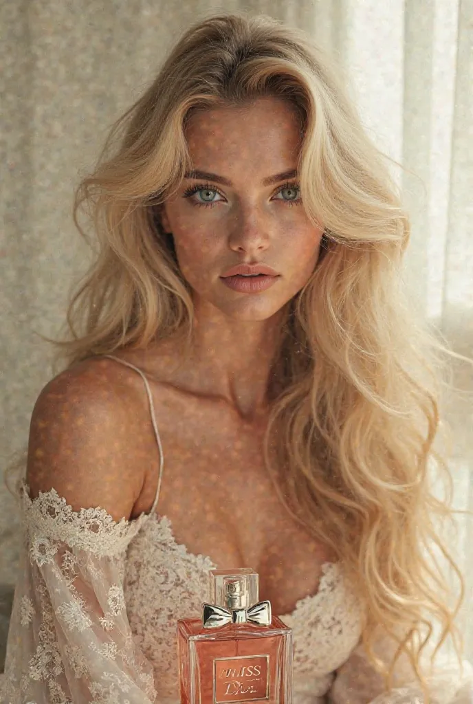 A blonde realistic woman model  extremely long wavy hair  modelling for miss Dior perfume 