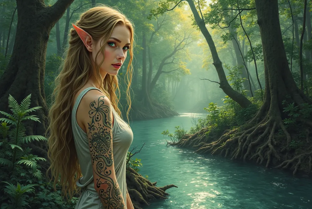 Beautiful elf girl in a dark forest by the river in a tattoo