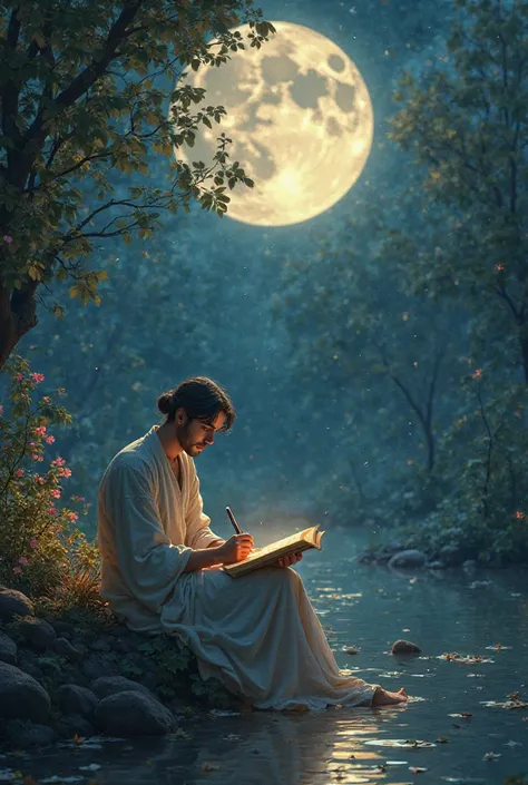 A poet writing under the moonlight.