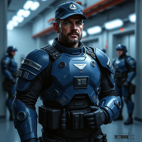 Futuristic senior officers in dark blue ballistic armor (with light scuffs and scratches), cap with an unobtrusive military logo,  short beard and mustache ,  determined look , Conceptual Style (concept art), semi-profile, cinematic lighting, 8k, hyper-rea...