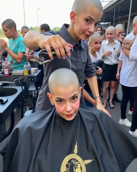 Real photograph of two beautiful women, (one currently shaving the other's head bald). ((((first woman is completely bald, hairless, pale head, smooth head)))). (((first woman completely bald ))). (((she is holding "Wahl" hair clipper which are currently (...