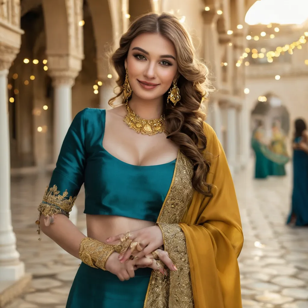 RAW photo, ultra-realistic, 35mm DSLR, soft golden ambient lighting, photorealistic textures, UHD 8K, HDR  

A stunning Russian fashion influencer, Sasha Lena, stands gracefully at an Indian royal courtyard decorated with colorful marigold garlands and han...