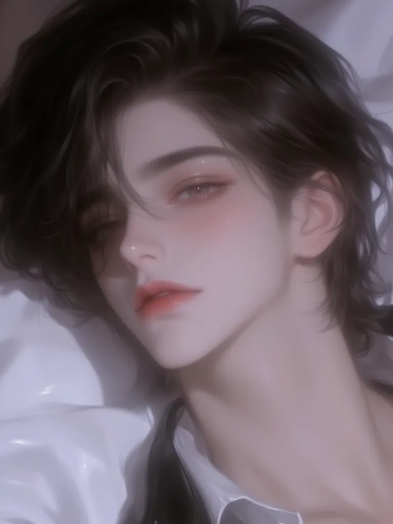 A handsome young man with semi-wavy black hair, gentle eyes, dark red eyes close to black, wearing a slightly unbuttoned dress shirt, waist-up view, medium shot, tight framing, lying half-reclined on a bed, broad shoulders, lean build, sharp jawline, high ...