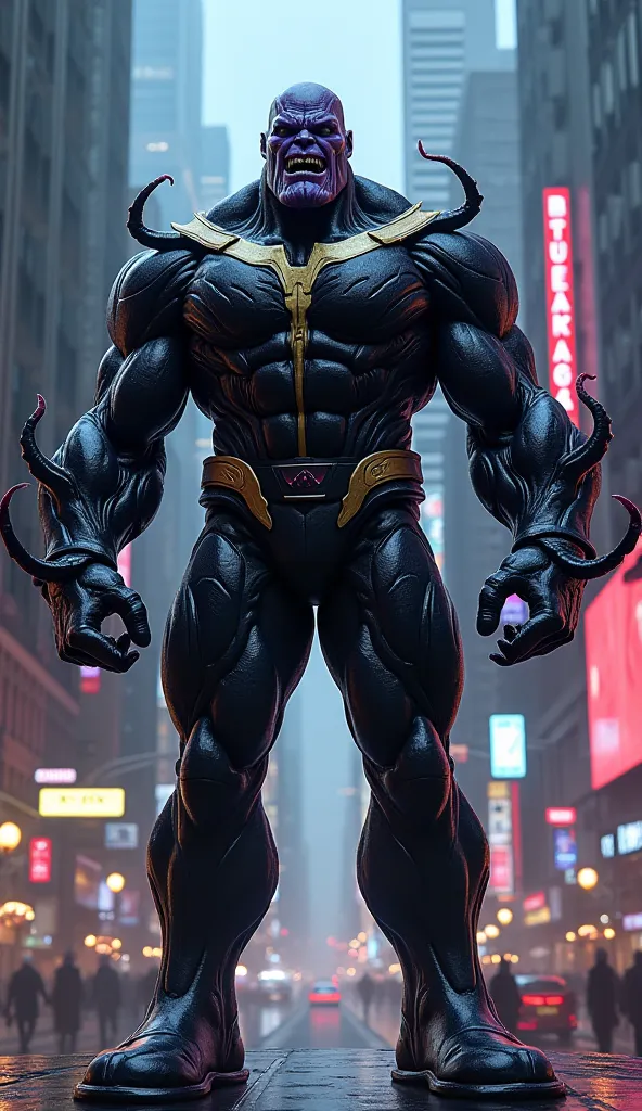 Make me a fusion of Thanos and Venom, blending their appearance with their entire bodies on a city street at night 