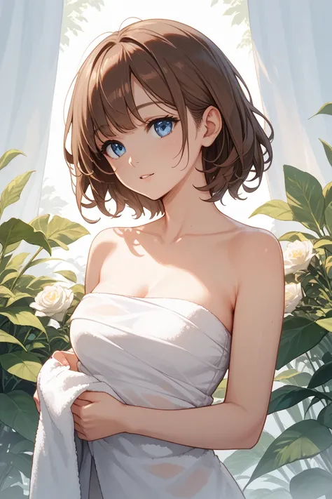 there is a cartoon of a naked girl holding a towel in one hand, 1girl, solo, brown hair, white background, simple background, blue eyes