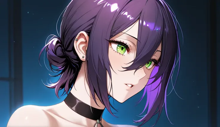 reze, black choker, purple hair, choker, eyebrows hidden by hair, green eyes, hair between eyes, long bangs, medium hair,Spot color, Sketch,PuppyPose,ass up