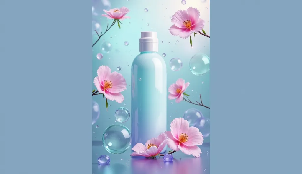 Create a vibrant, modern background for a cleanser, with a soft gradient of intense green, blue, purple and pink. Include stylized flowers floating in space, bringing freshness and fragrance. Add translucent bubbles and soft-gloss effects to convey purity ...