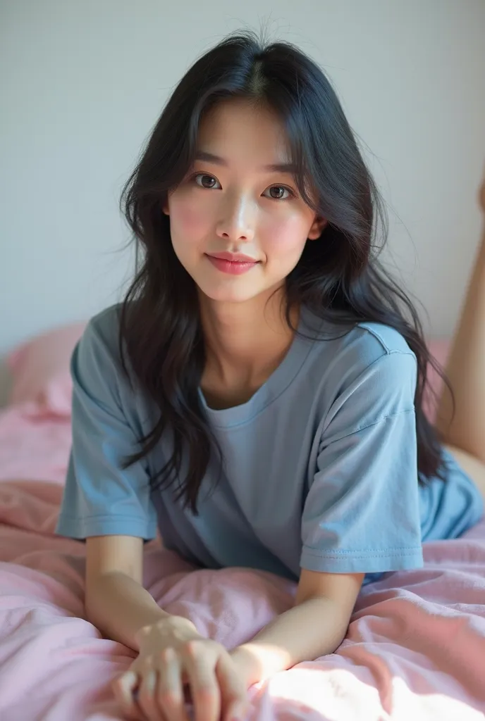 Description with emphasis on pose and environment:
"Young woman between 18 and 22 years old with delicate Asian features, fair skin and long black hair, lying on the bed with pink sheets. She wears a long blue t-shirt, showing her shoulders and legs. A sel...