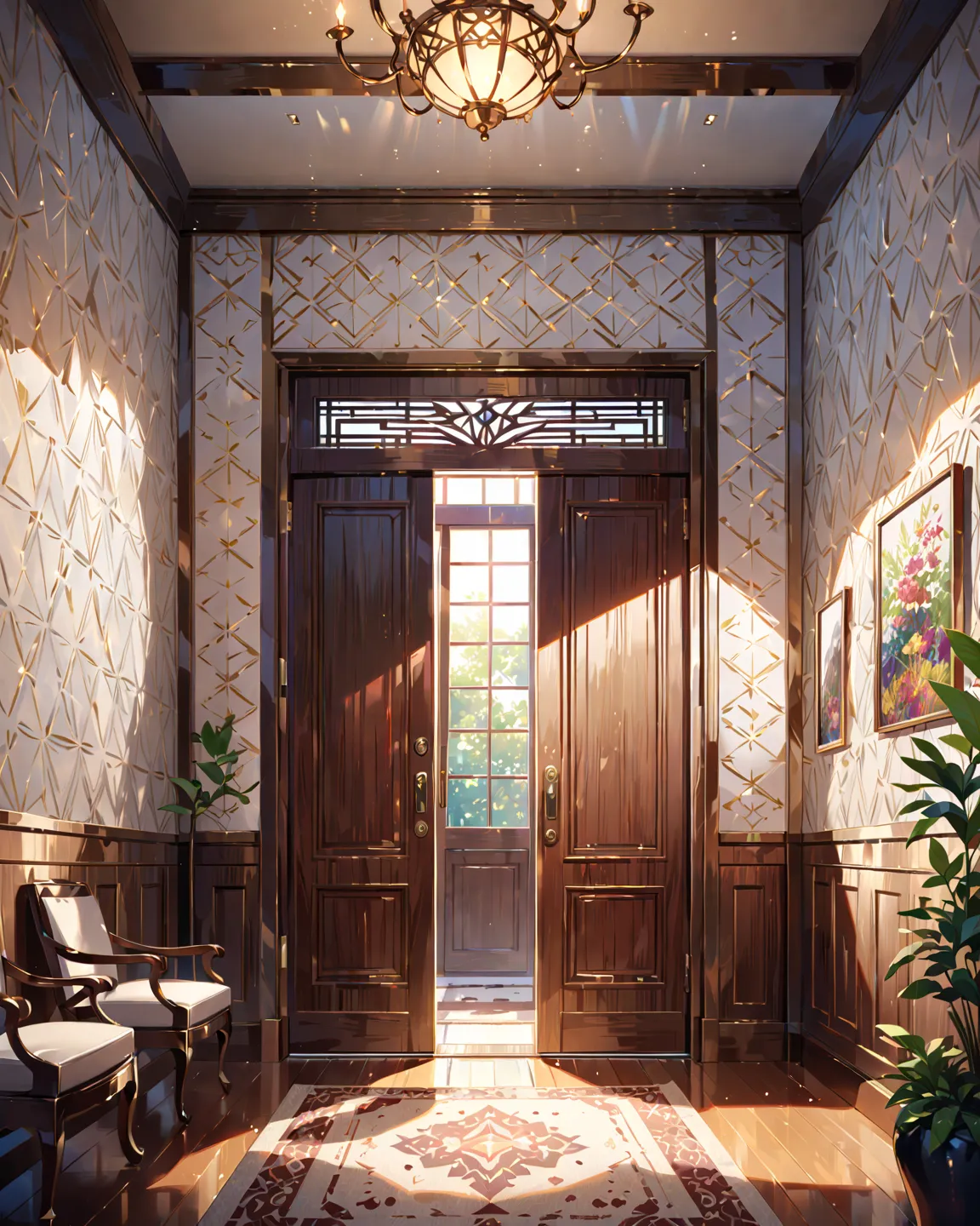 Looby, White patterned wall, a wood door, [(blurred background:1.2)::0.2], (indoor background:1.2), newest, highres, illustration, incredibly absurdres, ultra detailed, masterpiece, best quality, 