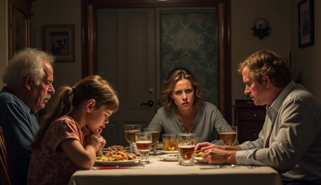 "A tense family dinner scene with a young mother and her son sitting at the table, looking sad and hurt. Across from them, stern-looking grandparents with disapproving expressions. The background has a dimly lit dining room, emphasizing the emotional tensi...