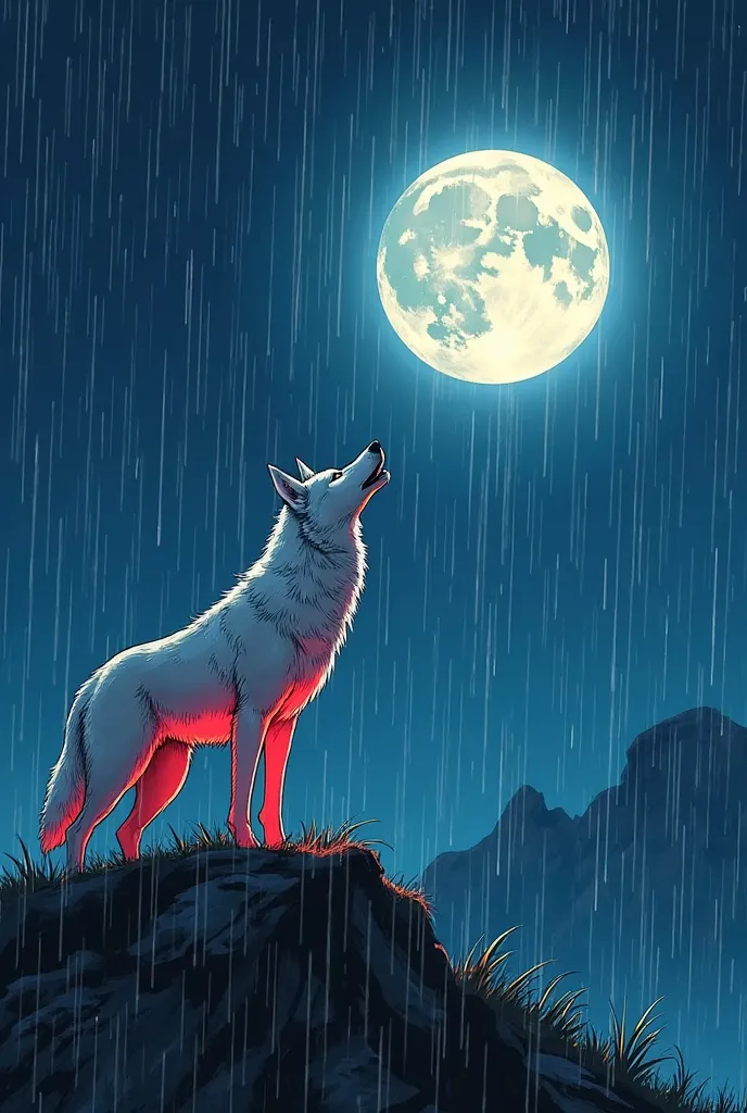 In the image it is book cover,  On a night of heavy rain , What stands out is a silver wolf with a red front leg, howling at the full Moon at the top of a hill. anime style,  Shonen Jump-style illustration.