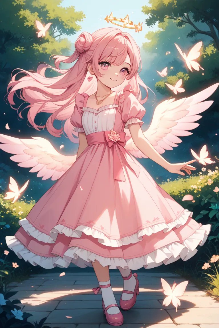 Full Body age Female Pink Hair Pink Eyes Fluffy Dress Pink Shoes Necklace Healing