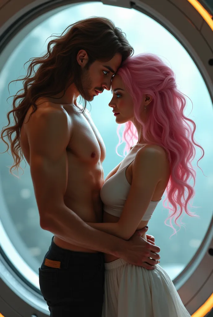 A 6 foot man with long brown hair and ice blue eyes cuddling a thick 5 foot 5inch girl with long pink hair on a spaceship ship