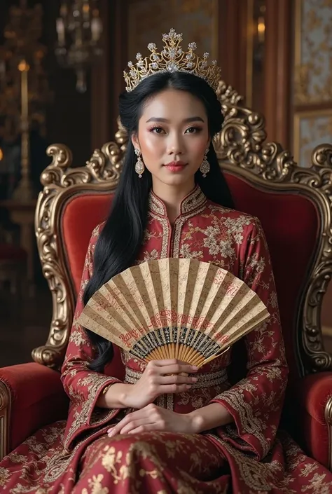 A beautiful Indonesian woman, long hair in a bun, wearing a crown like a queen, and wearing a luxurious dress with golden purring and decorated with muted maroon like a queen, is sitting on a luxurious chair like a queen, holding a luxurious fan that says ...