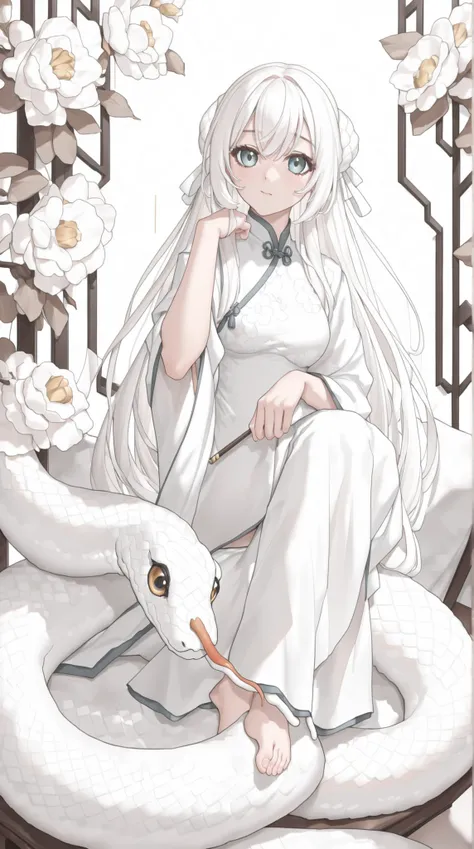 alone, Girl in a white cheongsam , stroking a white snake in the background , Blue flowers in the background , Chinese Theme, outrageous, masterpiece, has the best quality, ultra-high definition
