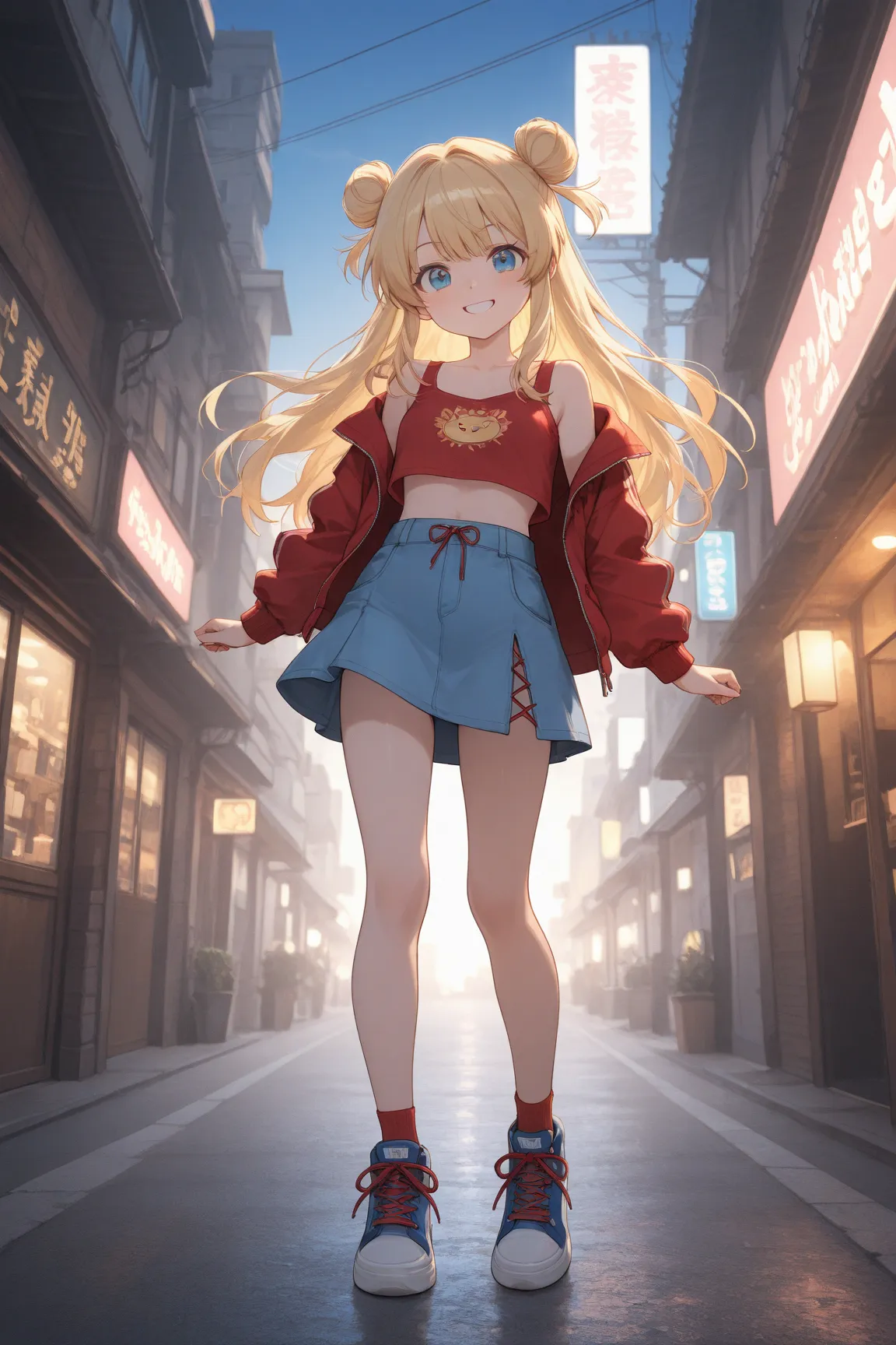 taunie, pokeza, blonde hair, single top hair bun, pink highlights, short hair, red crop tanktop, oversized beige jacket, blue mini short, blue sneakers, white soles, red laces, pokemon theme city