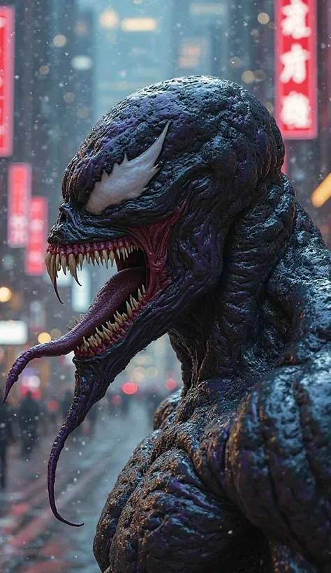 Make me a fusion of Thanos and Venom, blending their appearance and Venom's tongue with their whole bodies on a city street at night 