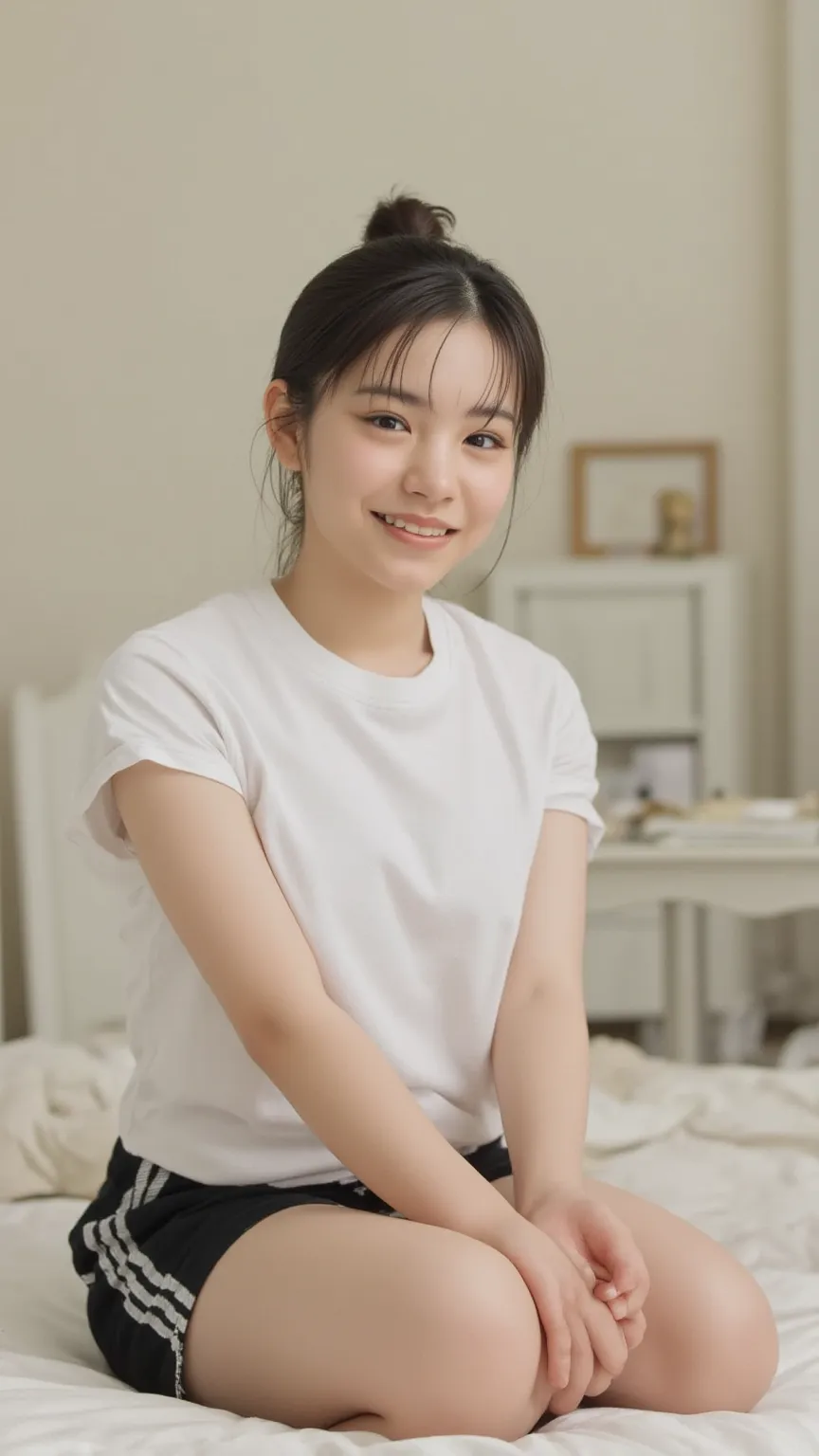 a skinny very young cute japanese girl, mouth widely open, mouth is filled with white water, kneeling pose,light smile, She is wearing a plain white short-sleeved oversized sports shirt, She also wears black sports shorts, ,hands on tissue, slim girl,abs, ...