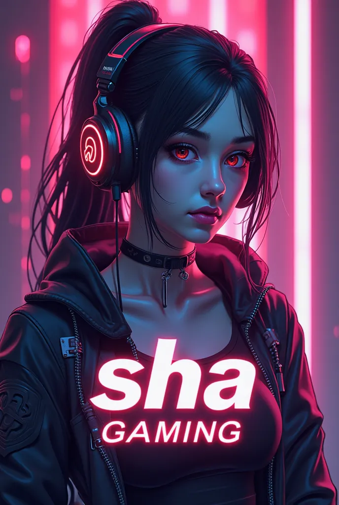 "sha gaming" logo in the bottom with dark purple and pink theme with gamer girl background