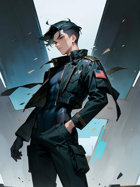 1male , Standing on path , Messy Blueish Black Hair , Calm Expression , Undercut Hair , Black Bodysuit , Baggy Military Jacket , Masterpiece Quality , Detailed Background 