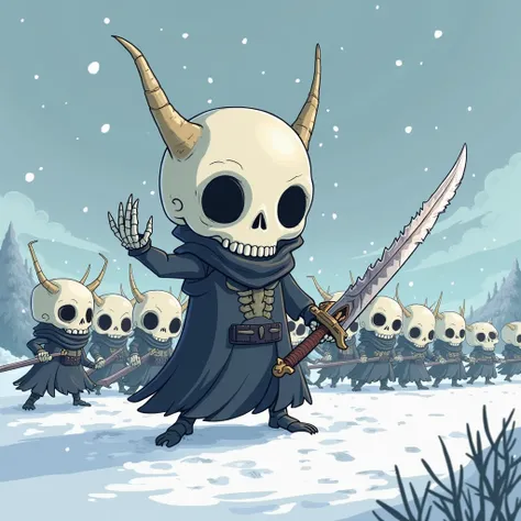 horrific skeleton night king with sword with his dead army in chibbi art style in snowy white theme