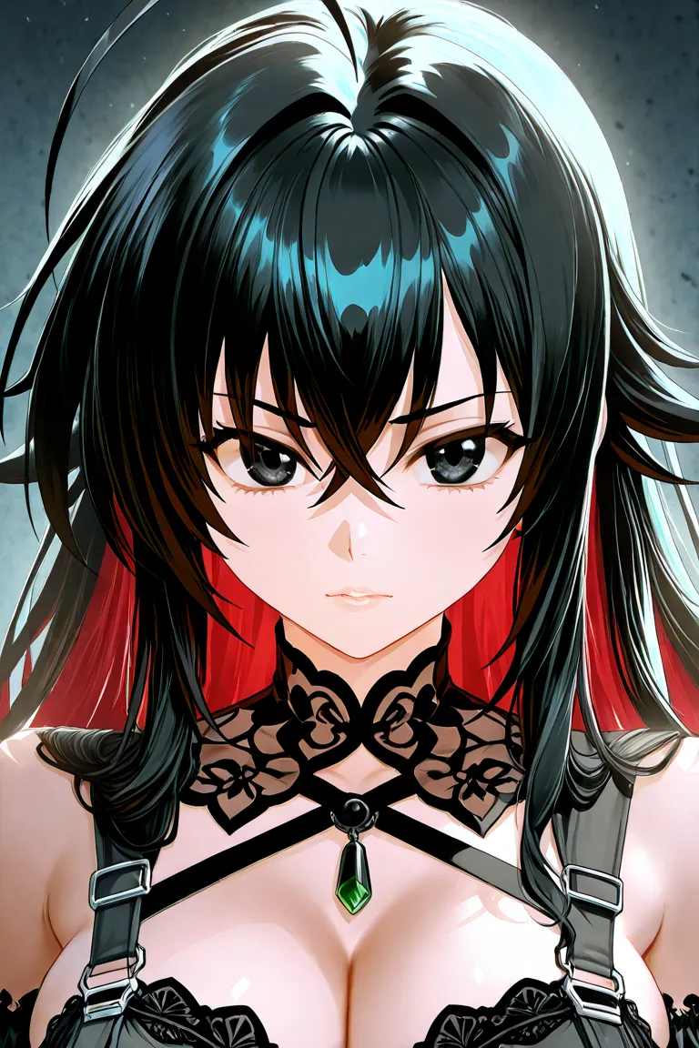 Rias Gremory emo with black hair and black eyes with black clothing 