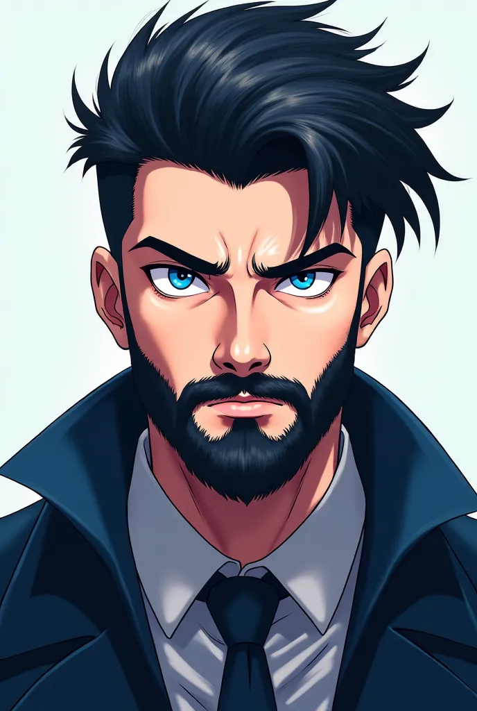 A 24 years old anime character with beard .blue dominating eyes standing straight 