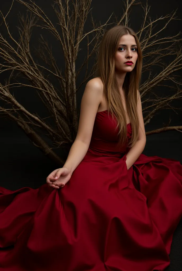 An Award-Winning Masterpiece in High Quality, HD, HDR, (photo realistic) Fine Art Photo Magazine in the Style of Intriguing Fine Art: Bohemian Rhapsod with a flowing maxi dress, and ruby red makeup. (((pale skin, long light brown straight hair,)))),(((meta...