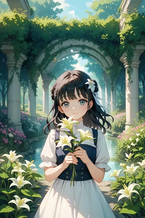 Girl black hair anime lily flower cute