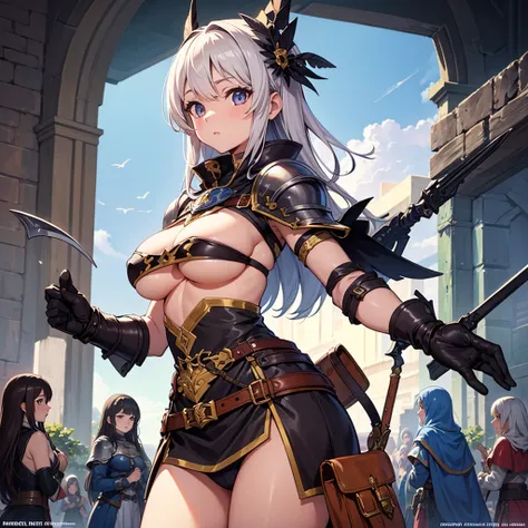 High quality, super detailed, best quality, highly detailed, beautiful, masterpiece, vibrant colors, shiny skin, perfect anatomy, female group, harem, knights, armor, medieval, fantasy, equipped with weapons, bags, pouches, big boobs, sideboob, underboob