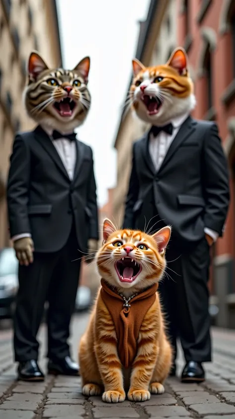 wide angle shot of 2 well dressed adult cats wearing suits are laughing while looking down at a sad orange kitten that is crying big teary eyes wearing a homeless like clothes. Begins the cats there is a luxury street corner