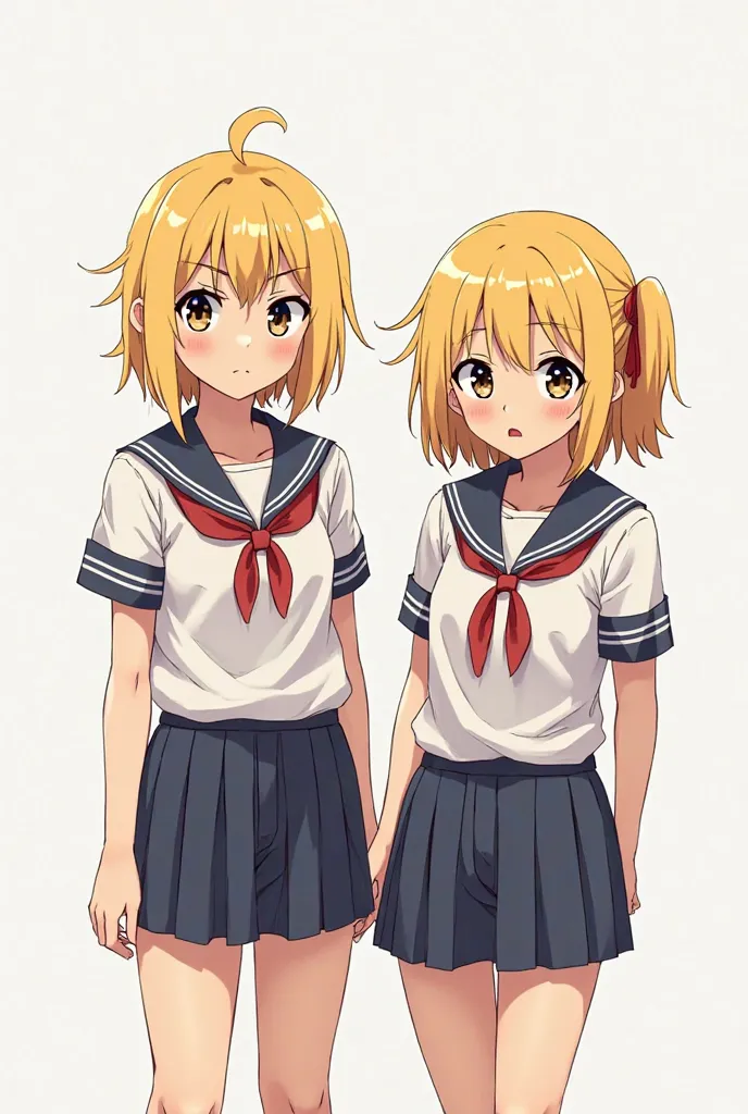 Two twins; a man and a woman. youths, attractive. Hair dyed to blonde and noticeably tanned skin. Gal or rebel fashion style. school uniform. The brother is slightly taller and slightly muscular, the twin sister is slightly shorter, adorable. Both with ang...