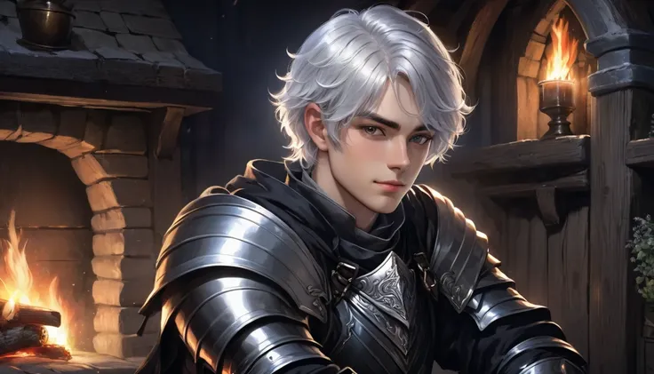 fantasy, young man, is wearing armor, Black background, looking at viewer, silver hair, short hair, Inside a cottage with a fireplace, night outside