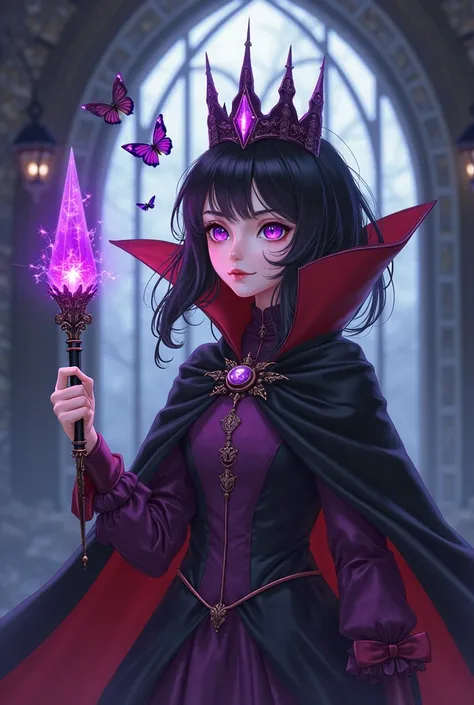 Beautiful Anime Girl with black hair and purple eyes. Dressed as an evil queen in Snow White. She is wearing a purple dress and a black and red vampire cape with a high collar and a crown. He's in his dark lair. He holds in his hand a purple and crystal sc...