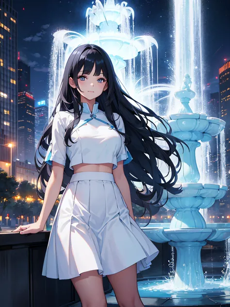  A beautiful girl is standing near a city fountain,unconfident ,Smirking face, looking at the viewer,Light blue smock crop top, white flare skirt,big breasts,( long black hair ),( long bangs),high image quality 