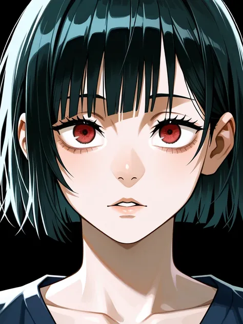 Jujutsu Kaisen, Jujutsu Kaisen 그림체,  2D animation , Jujutsu Kaisen 애니메이션,  short hair with bangs, 2 nostrils, language, accurate,  red eyes, bright eyes, eyes with droopy eyes, simple background,  black hair, girl, Lifelike to the eye, twinkling eyes, 눈썹 보...