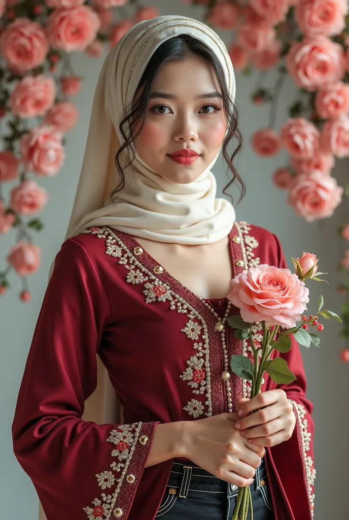 A beautiful Thai girl wearing a light cream pashmina hijab with a short dress with long red maroon sleeves with floral accents and beads on the edges of the flower. With a red t-shirt suit, Big breasts, stunning breasts, breast lumps, Wearing black denim p...