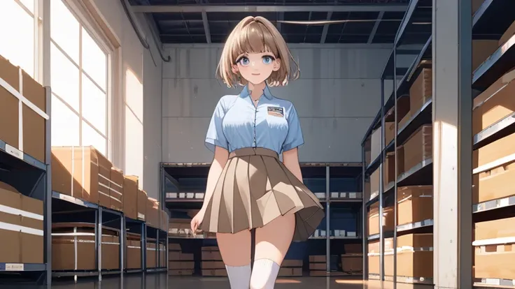 Top Quality, Dark Warehouse, Super Hi-Res, One Japanese Female, Standing, Cute, Medium Breasts, Light Blue Eyes, Short Brown Hair, Light Brown Henley Shirt, Brown Suede Skirt, Short White Socks.