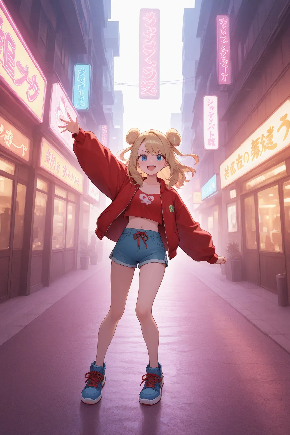 taunie, pokeza, (blonde hair, single top hair bun, pink highlights, short hair, red crop tanktop, oversized beige jacket, blue mini short, blue sneakers, white soles, red laces), pokemon theme city