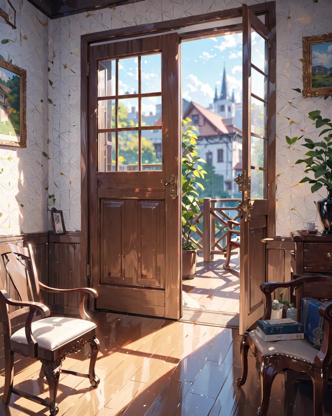 Looby, White patterned wall, a wood door closed,  window in the right, chair in the left, [(blurred background:1.2)::0.2], (indoor background:1.2), newest, highres, illustration, incredibly absurdres, ultra detailed, masterpiece, best quality, 