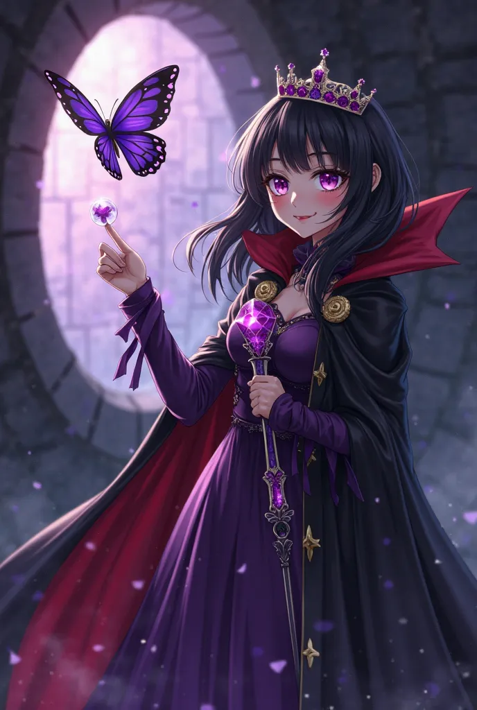 Beautiful Anime Girl with black hair and purple eyes. Dressed as an evil queen in Snow White. She is wearing a purple dress and a black and red vampire cape with a high collar and a crown. He's in his dark lair. She holds in her hand a purple and crystal s...