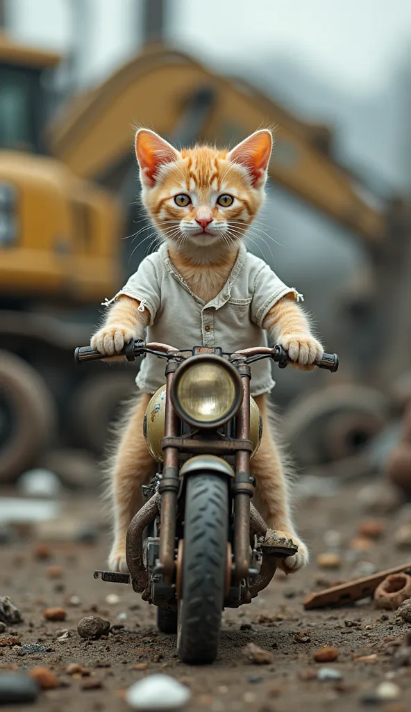 A small, adorable kitten with light orange fur and big, expressive eyes stands in the middle of a scrapyard, gripping the handlebars of a tiny, vintage motorcycle. The kitten is wearing a torn, white shirt with ragged edges, giving it a tough, rebellious l...