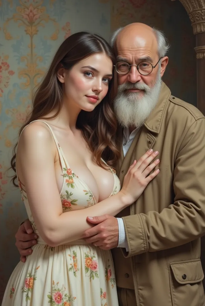 masterpiece，A work that looks like a masterpiece、Impressionism 、Renoir， European style, Looking at the camera, beautiful young girl big breastsLooking at the camera, beautiful young girl big breasts, blue eyes, girl Large neckline, billie eilish face, 1old...